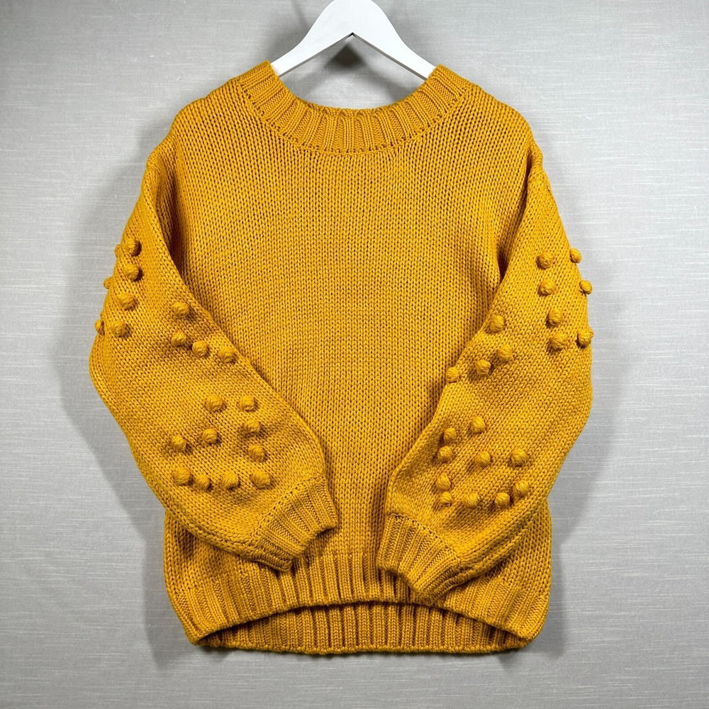 Mi Ami Pom Pom Sleeve Sweater Women M Marigold Yellow Chunky‎ Knit Crew Neck